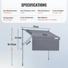 VEVOR Manual Retractable Awning, 78" Outdoor Retractable Patio Awning Sunshade Shelter, Adjustable Patio Door Window Awning Canopy with 39" Sun Shade Curtain for Backyard, Garden, Balcony