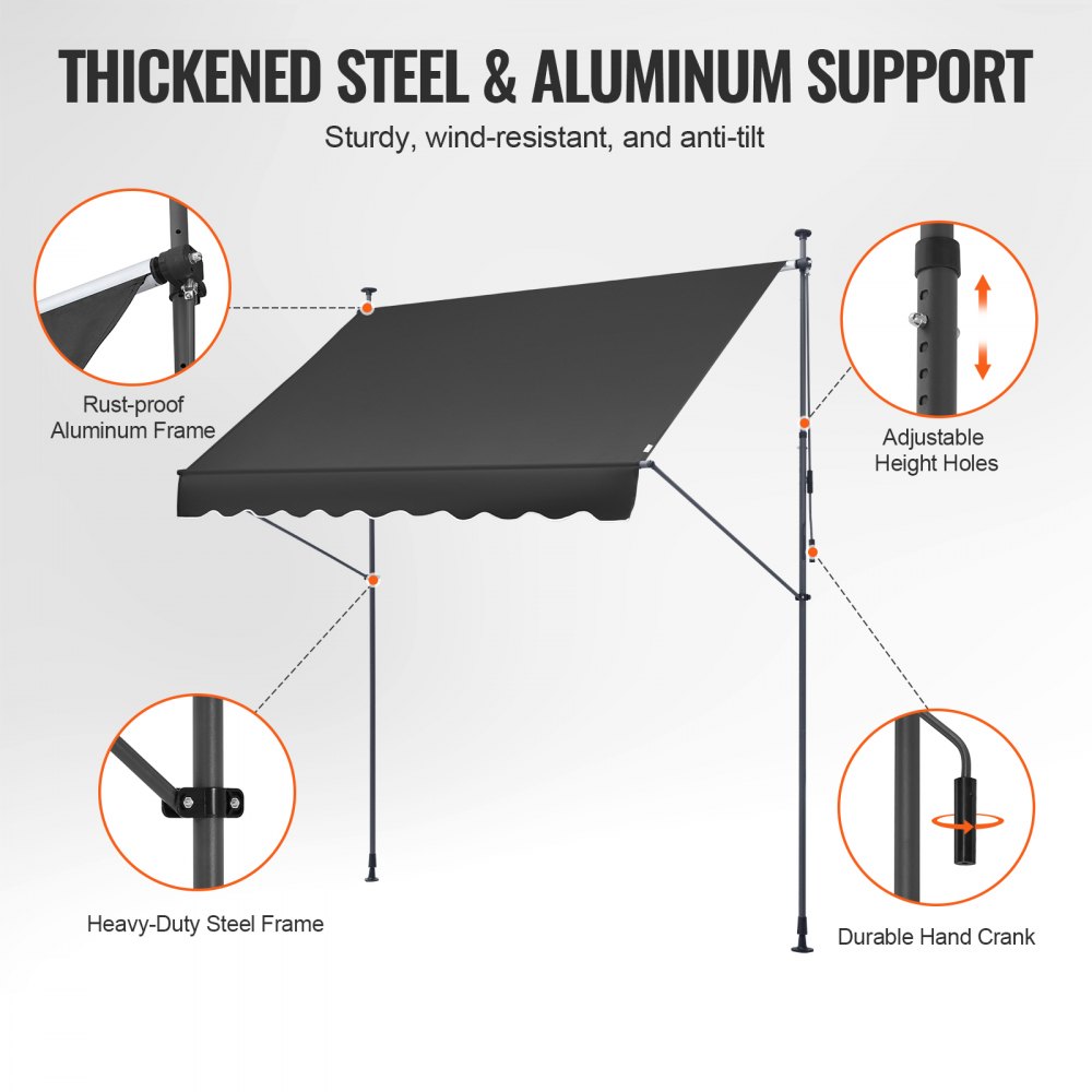 VEVOR 98 x 47" Patio Awning Retractable, Awning Sunshade Shelter with Manual Crank Handle, Outdoor Patio Canopy Sunsetter Deck, Adjustable Height from 86 to 122 in, for Patio/Balcony/Yard, Black