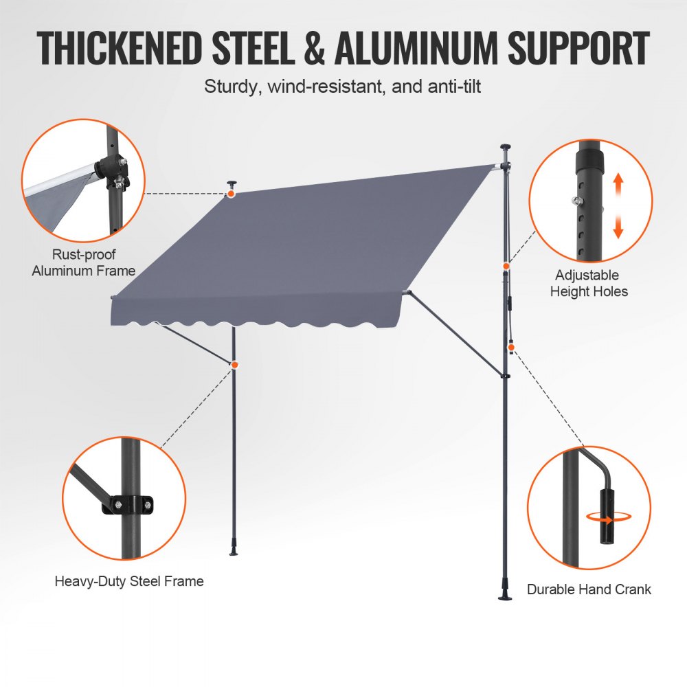 VEVOR 98 x 47" Patio Awning Retractable, Awning Sunshade Shelter with Manual Crank Handle, Outdoor Patio Canopy Sunsetter Deck, Adjustable Height from 86 to 122 in, for Patio/Balcony/Yard, Dark Gray
