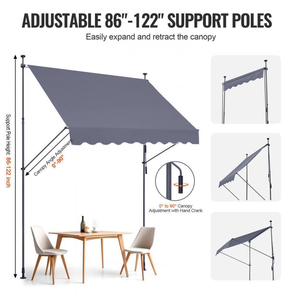 VEVOR 98 x 47" Patio Awning Retractable, Awning Sunshade Shelter with Manual Crank Handle, Outdoor Patio Canopy Sunsetter Deck, Adjustable Height from 86 to 122 in, for Patio/Balcony/Yard, Dark Gray