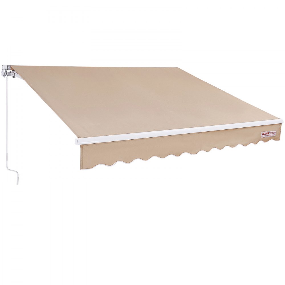 VEVOR retractable awning in beige with white frame and scalloped edge.