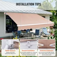 VEVOR Manual Retractable Awning, 12 x 10 ft Outdoor Patio Awning Retractable Sun Shade, Water-Resistant Polyester Patio Door Window Awning Sunshade Shelter with Crank Handle for Backyard, Balcony