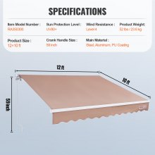 VEVOR Εγχειρίδιο αναδιπλούμενη τέντα, 12 x 10 ft Outdoor Patio Awning Retractable Sun Shade, Αδιάβροχο Polyester Atio Door Poor Poor Site Shelter with μανιβέλα για πίσω αυλή, μπαλκόνι