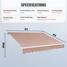 VEVOR Manual Retractable Awning, 12 x 10 ft Outdoor Patio Awning Retractable Sun Shade, Water-Resistant Polyester Patio Door Window Awning Sunshade Shelter with Crank Handle for Backyard, Balcony