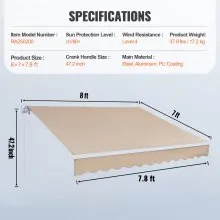 VEVOR Manual Retractable Awning, 8 x 7 ft Outdoor Patio Awning Retractable Sun Shade, Water-Resistant Polyester Patio Door Window Awning Sunshade Shelter with Crank Handle for Backyard, Balcony