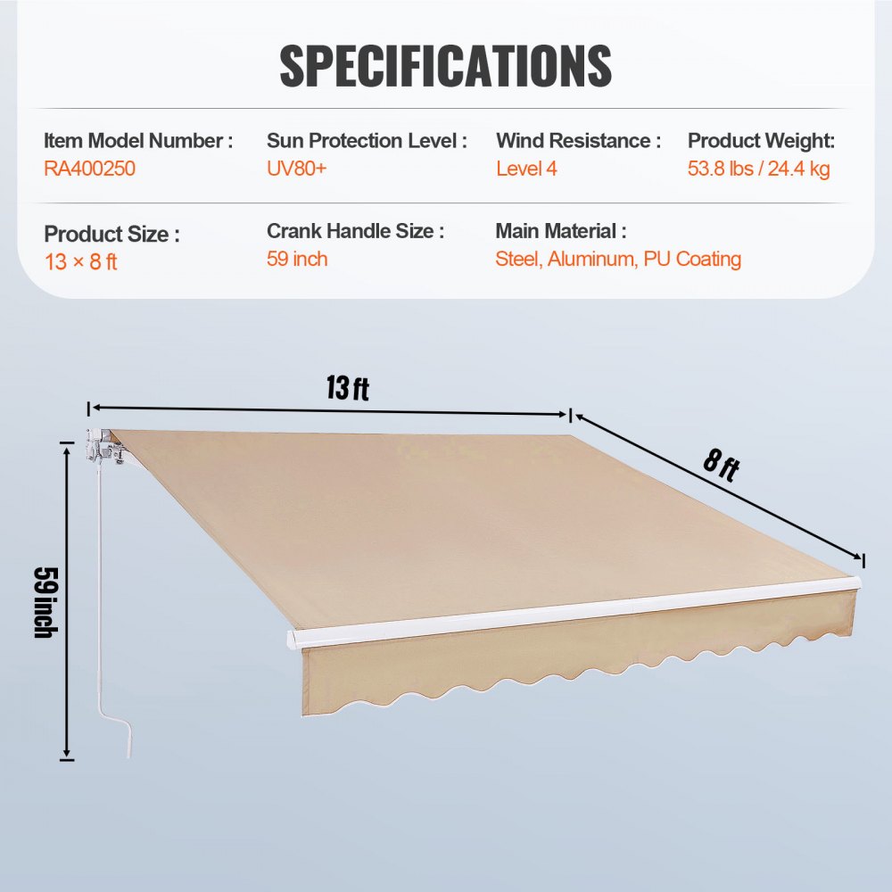 VEVOR Manual Retractable Awning, 13 x 8 ft Outdoor Patio Awning Retractable Sun Shade, Water-Resistant Polyester Patio Door Window Awning Sunshade Shelter with Crank Handle for Backyard, Balcony