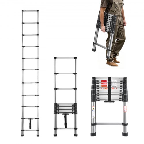 VEVOR Telescoping Ladder, 3140mm Stainless Steel Lightweight Extension Ladder, Multi-Button Retraction Collapsible Ladders, 150 kg Capacity & Non-Slip Feet, Portable 11-Step Ladders for Home RV Loft