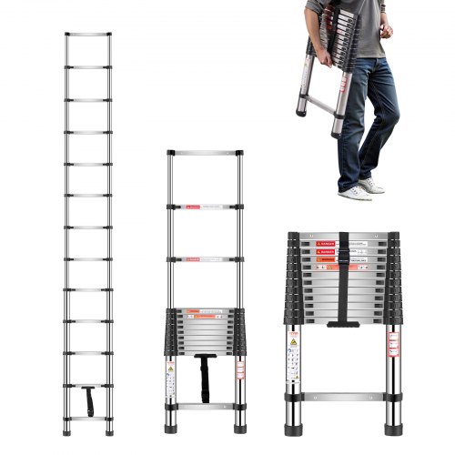 Telescoping Ladder Stainless Steel Extension Step 12.5 ft Portable Ladders