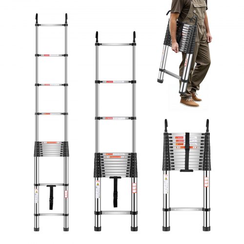 Telescoping Ladder Stainless Steel Extension Step 16.5 ft Portable Ladders