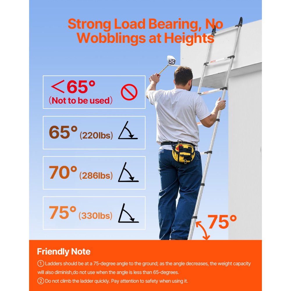 VEVOR Telescoping Ladder, 5030mm Stainless Steel Lightweight Extension Ladder, Multi-Button Retraction Collapsible Ladders, 150 kg Capacity & Non-Slip Feet, Portable 13-Step Ladders for Home RV Loft