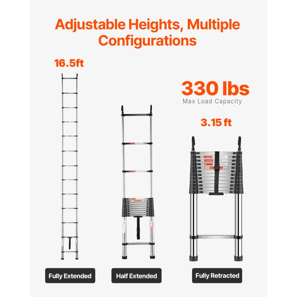 VEVOR Telescoping Ladder, 5030mm Stainless Steel Lightweight Extension Ladder, Multi-Button Retraction Collapsible Ladders, 150 kg Capacity & Non-Slip Feet, Portable 13-Step Ladders for Home RV Loft