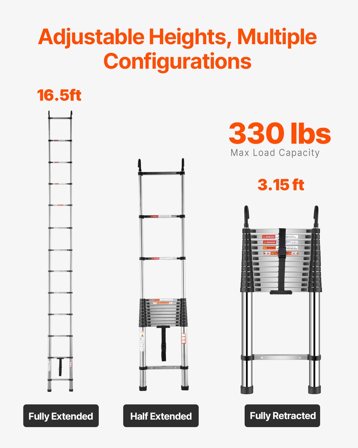 VEVOR Telescoping Ladder, 5030mm Stainless Steel Lightweight Extension Ladder, Multi-Button Retraction Collapsible Ladders, 150 kg Capacity & Non-Slip Feet, Portable 13-Step Ladders for Home RV Loft