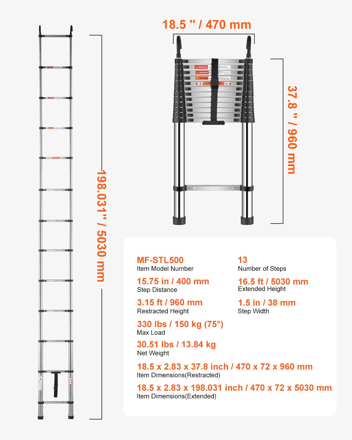VEVOR Telescoping Ladder, 5030mm Stainless Steel Lightweight Extension Ladder, Multi-Button Retraction Collapsible Ladders, 150 kg Capacity & Non-Slip Feet, Portable 13-Step Ladders for Home RV Loft
