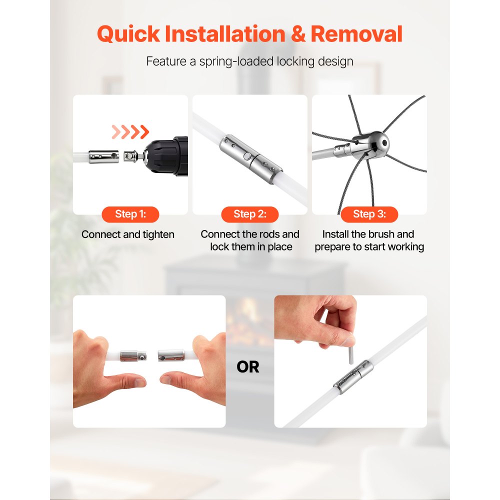 VEVOR Chimney Sweep Kit, 7m Maximum Extendable Length Chimney Brush, Chimney Cleaner Sweeper with Dual Brush Heads, Brush & Goggles, Fireplace Cleaning Tool for Square, Rectangle, Arch Chimneys