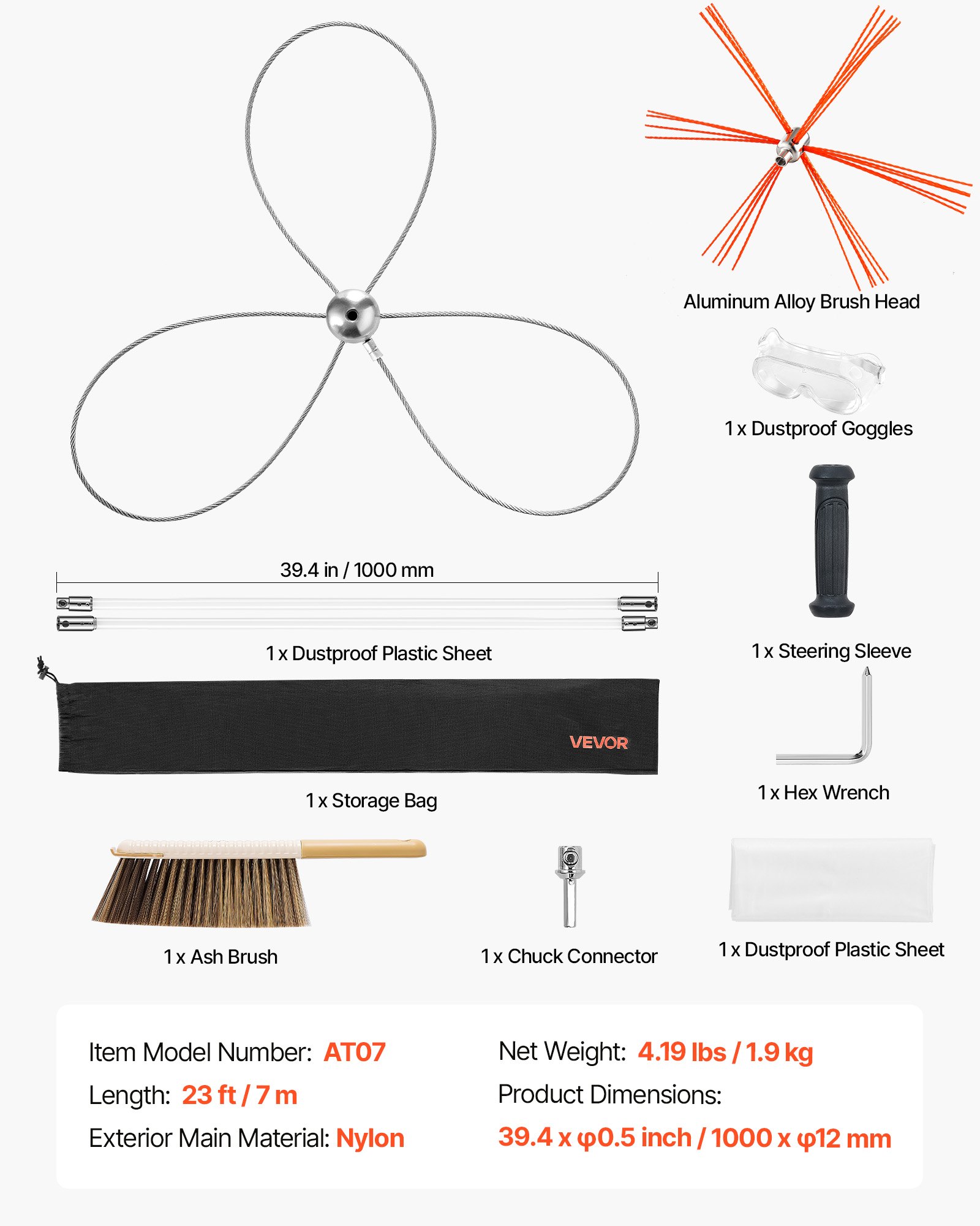 VEVOR Chimney Sweep Kit, 7m Maximum Extendable Length Chimney Brush, Chimney Cleaner Sweeper with Dual Brush Heads, Brush & Goggles, Fireplace Cleaning Tool for Square, Rectangle, Arch Chimneys