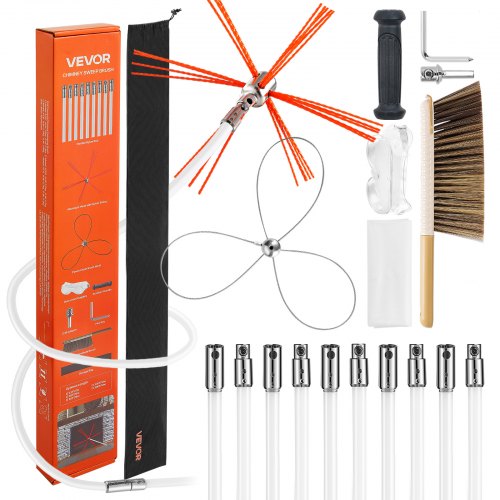 VEVOR Chimney Sweep Kit, 9m Maximum Extendable Length Chimney Brush, Chimney Cleaner Sweeper with Dual Brush Heads, Brush & Goggles, Fireplace Cleaning Tool for Square, Rectangle, Arch Chimneys