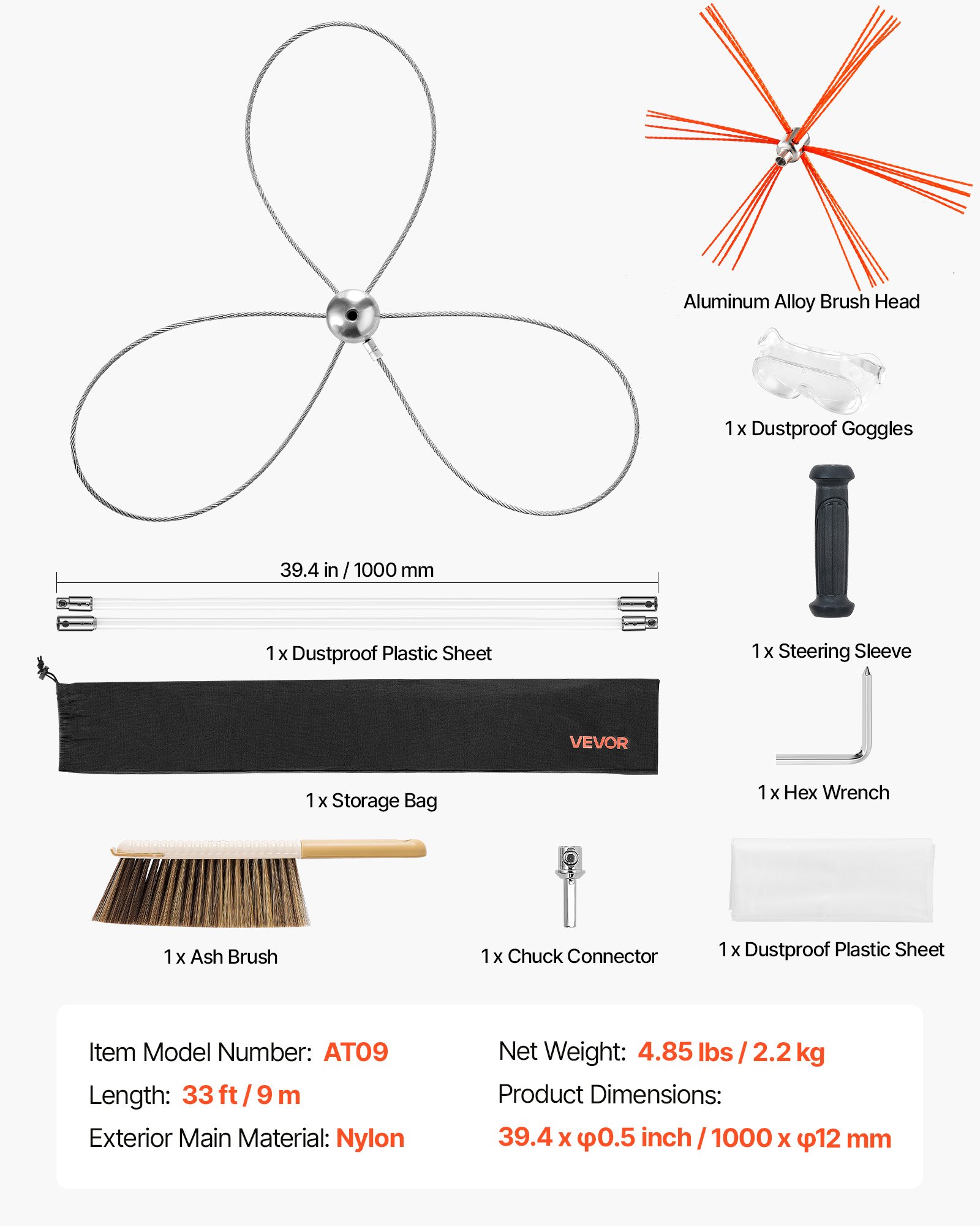 VEVOR Chimney Sweep Kit, 9m Maximum Extendable Length Chimney Brush, Chimney Cleaner Sweeper with Dual Brush Heads, Brush & Goggles, Fireplace Cleaning Tool for Square, Rectangle, Arch Chimneys