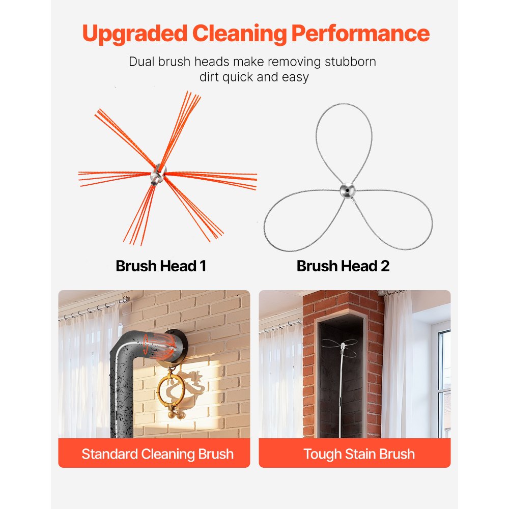 VEVOR Chimney Sweep Kit, 12m Maximum Extendable Length Chimney Brush, Chimney Cleaner Sweeper with Dual Brush Heads, Brush & Goggles, Fireplace Cleaning Tool for Square, Rectangle, Arch Chimneys