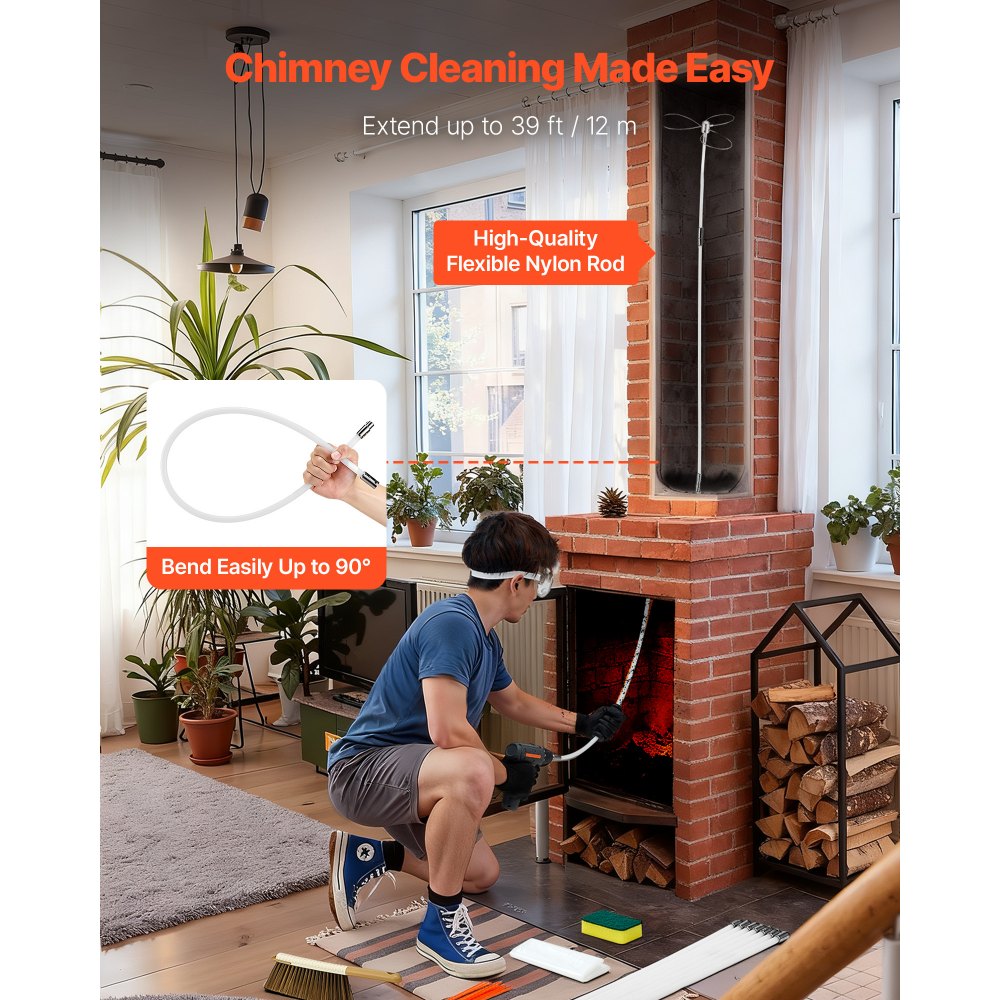 VEVOR Chimney Sweep Kit, 12m Maximum Extendable Length Chimney Brush, Chimney Cleaner Sweeper with Dual Brush Heads, Brush & Goggles, Fireplace Cleaning Tool for Square, Rectangle, Arch Chimneys