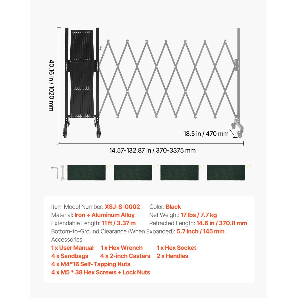 VEVOR Expandable Barricade, 3.37m Expandable Safety Barrier, Flexible Mobile Barricade with Locking Casters, Portable Folding Security Gate Metal Traffic Fence for Patio Garden Stairway