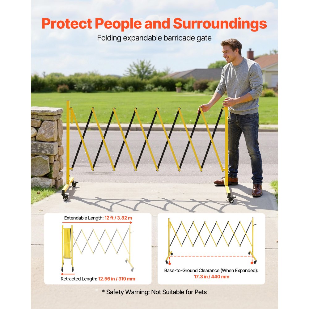 VEVOR Industrial Expandable Barricade, 3.82m Expandable Safety Barrier, Flaxible Mobile Barricade with Locking Casters, Portable Folding Security Gate Traffic Fence for Driveway Warehouse Elevator