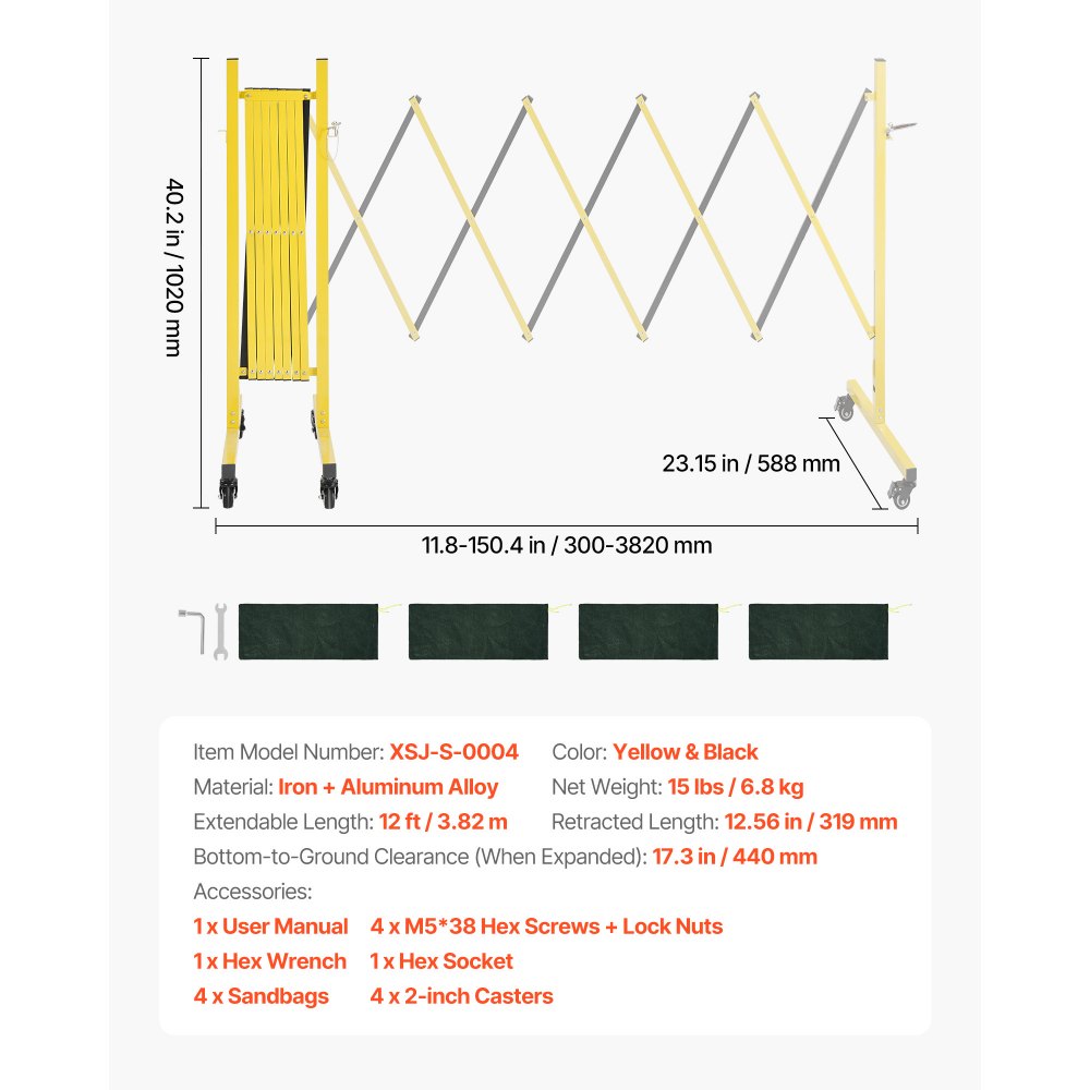 VEVOR Industrial Expandable Barricade, 3.82m Expandable Safety Barrier, Flaxible Mobile Barricade with Locking Casters, Portable Folding Security Gate Traffic Fence for Driveway Warehouse Elevator
