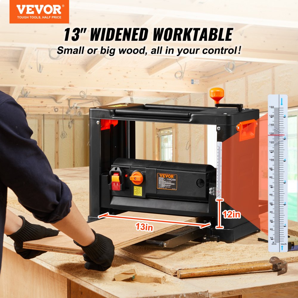 VEVOR Thickness Planer, Two Speed, 33 cm Width Worktable Benchtop Planer, Three-Blade, 15-Amp 2000W Powerful Motor, 30.5 cm Extended Infeeding Table, Low Noise for both hard & soft wood material removal