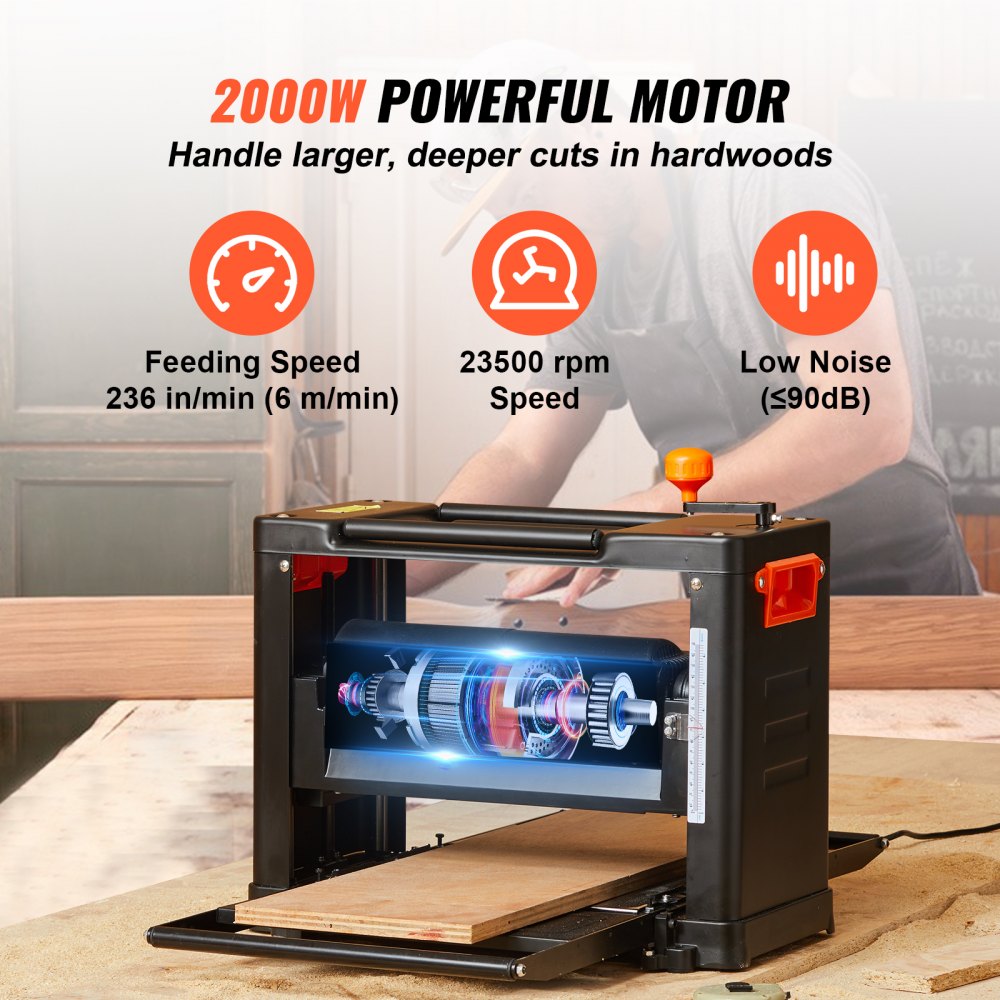 VEVOR Thickness Planer, Two Speed, 33 cm Width Worktable Benchtop Planer, Three-Blade, 15-Amp 2000W Powerful Motor, 30.5 cm Extended Infeeding Table, Low Noise for both hard & soft wood material removal