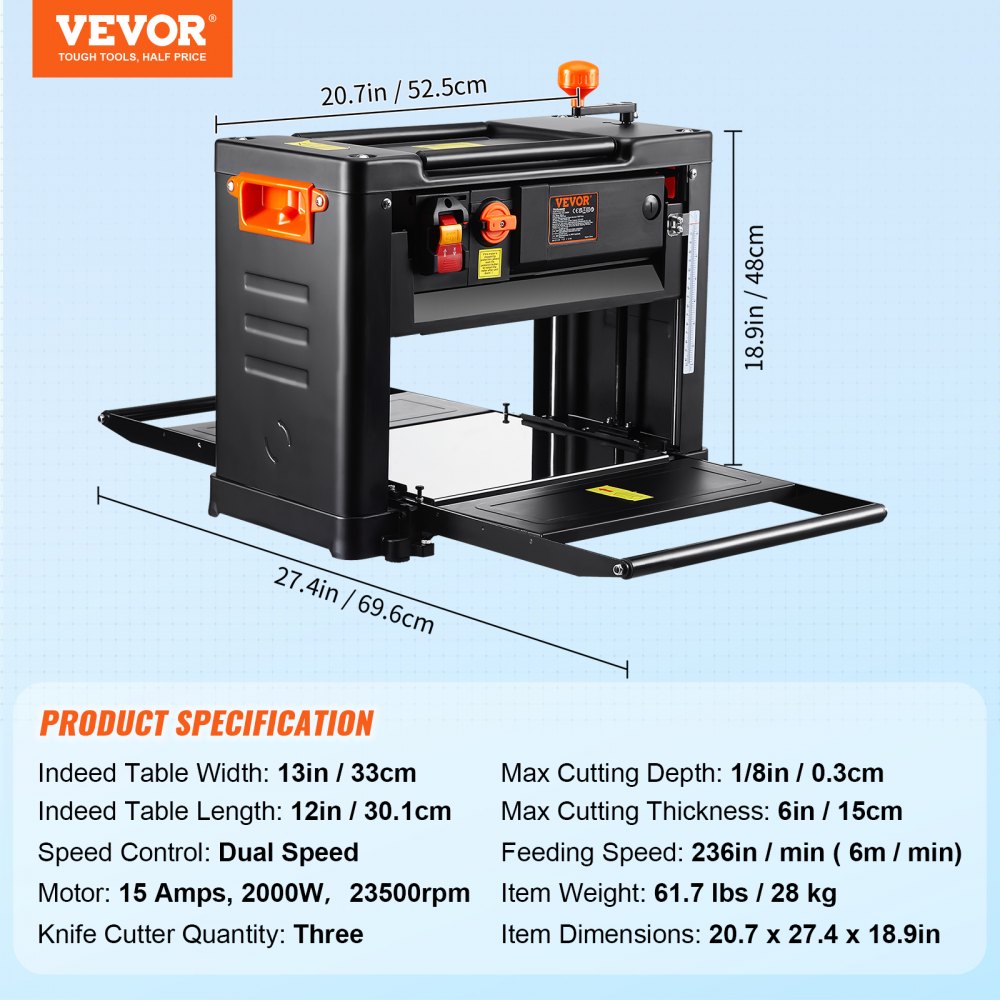VEVOR Thickness Planer, Two Speed, 33 cm Width Worktable Benchtop Planer, Three-Blade, 15-Amp 2000W Powerful Motor, 30.5 cm Extended Infeeding Table, Low Noise for both hard & soft wood material removal