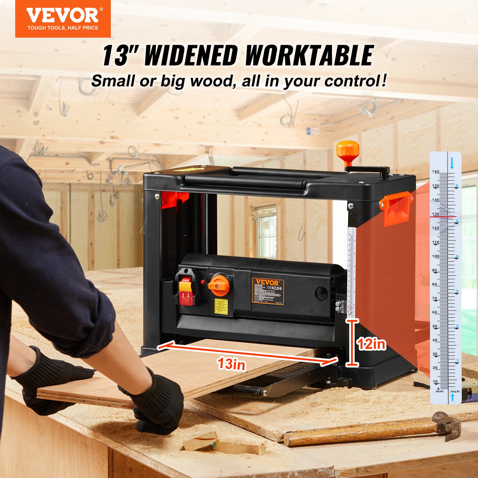 VEVOR Thickness Planer, Two Speed, 33 cm Width Worktable Benchtop Planer, Three-Blade, 15-Amp 2000W Powerful Motor, 30.5 cm Extended Infeeding Table, Low Noise for both hard & soft wood material removal