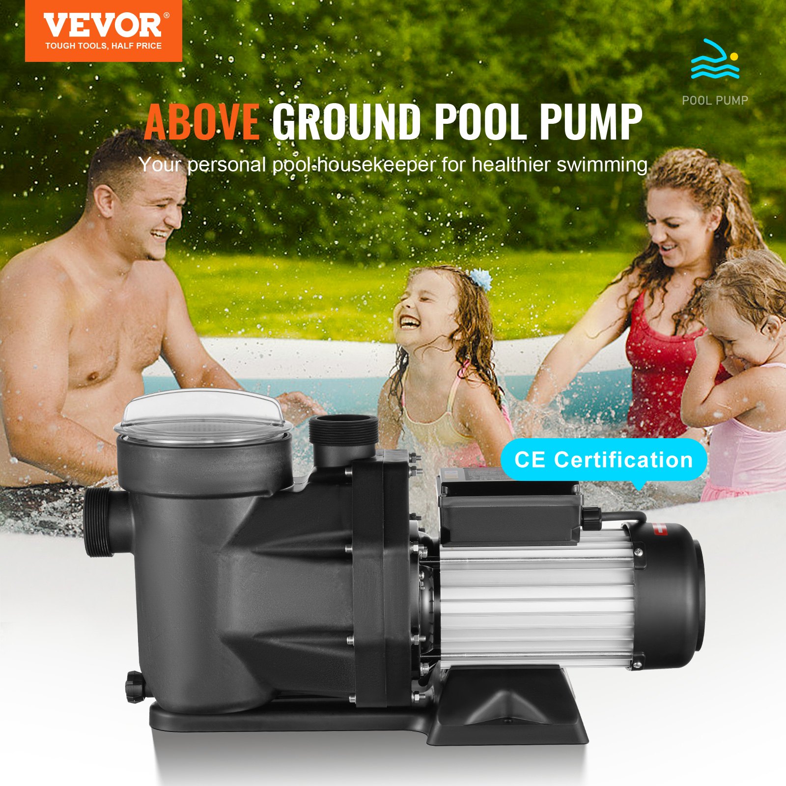 VEVOR 1500 W(2HP) Above Ground Pool Pump, 220V-240V, 1450 / 2860 RPM Dual Speed Pump 1800W, 33000 L/H Max. Flow Powerful Pump, Energy Saving Swimming Pool Pump for Above Ground Pool, CE Certification