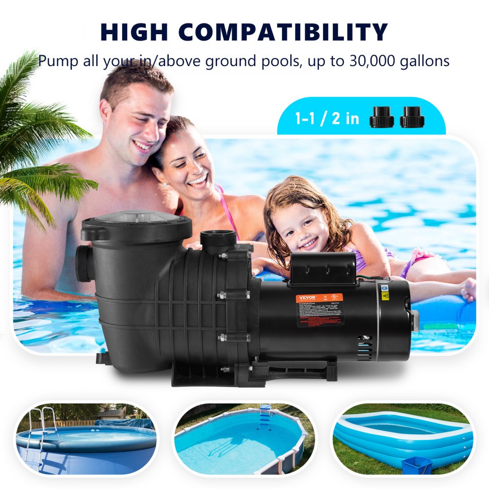 VEVOR Pool Pump 1.5HP 230V, Variable Dual Speed Pumps 1100W for Above Ground Pool, Powerful Pump with Strainer Filter Basket, 5400 GPH Max. Flow, Energy Saving Swimming Pool Pump