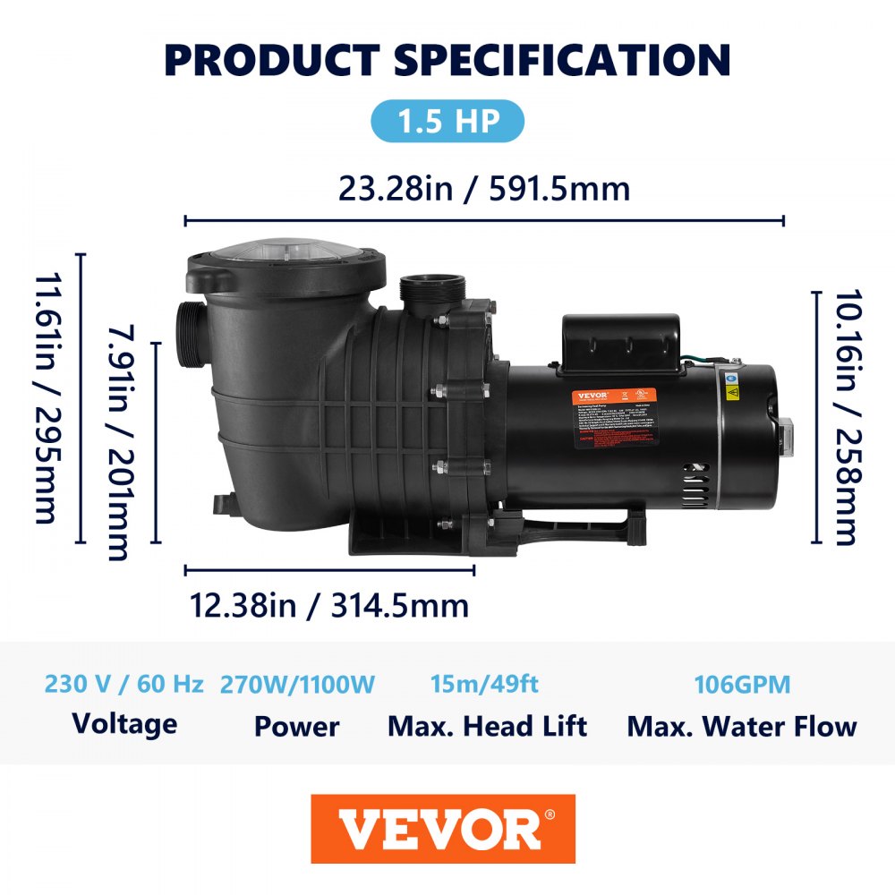 VEVOR Pool Pump 1.5HP 230V, Variable Dual Speed Pumps 1100W for Above Ground Pool, Powerful Pump with Strainer Filter Basket, 5400 GPH Max. Flow, Energy Saving Swimming Pool Pump