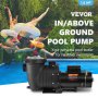 VEVOR pool pump ad with image of children jumping into a pool with inflatable rings and trees in the background.