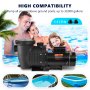 VEVOR pool pump displayed near a pool with family, suitable for in/above ground pools up to 30,000 gallons.