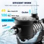 VEVOR pool pump with max 49 ft head lift, 106 gpm water flow for efficient, high-speed pool cleaning.