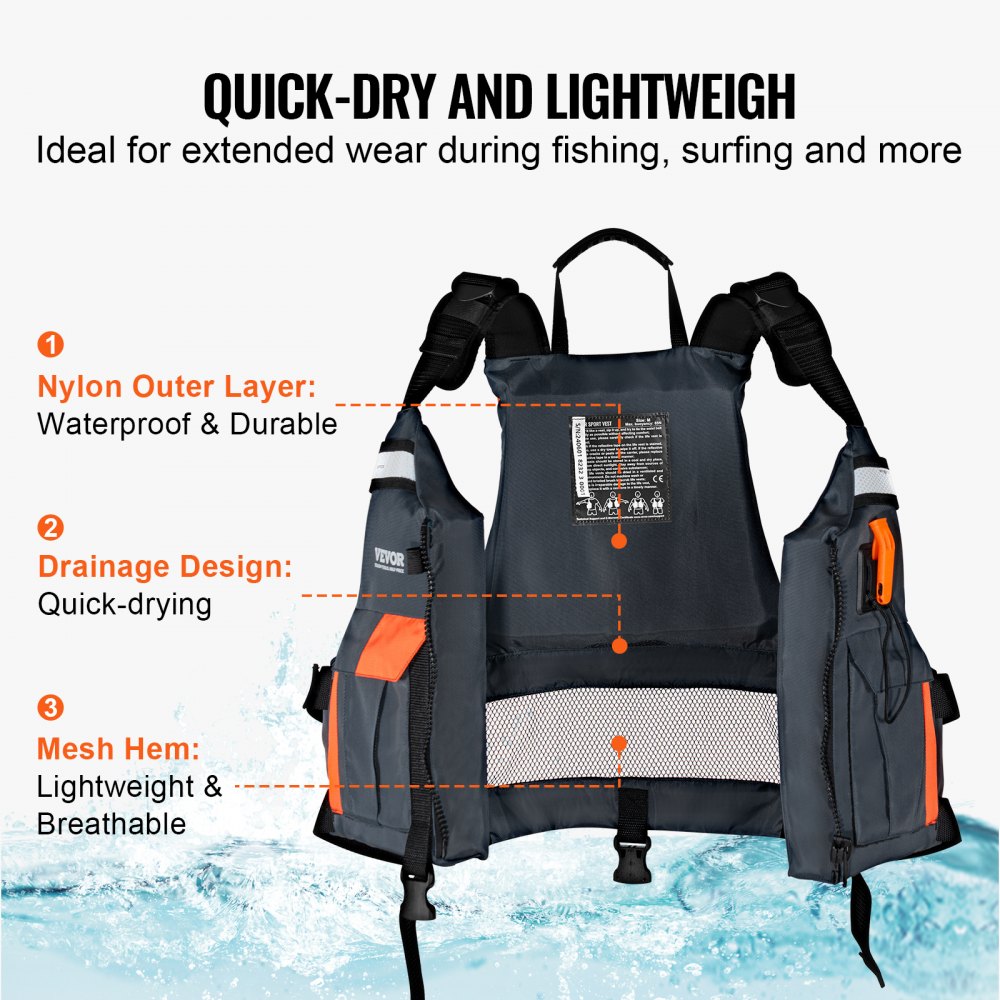 VEVOR Life Vest for Watersports (PFD), Life Jacket with Waterproof Nylon & 85N Buoyancy, Life Vest/Jacket for Any Water Activity-Fishing, Kayaking, Surfing and More, Men and Women M