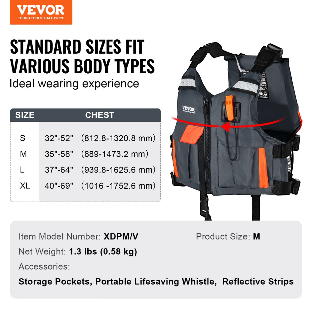 VEVOR Life Vest for Watersports (PFD), Life Jacket with Waterproof Nylon & 85N Buoyancy, Life Vest/Jacket for Any Water Activity-Fishing, Kayaking, Surfing and More, Men and Women M