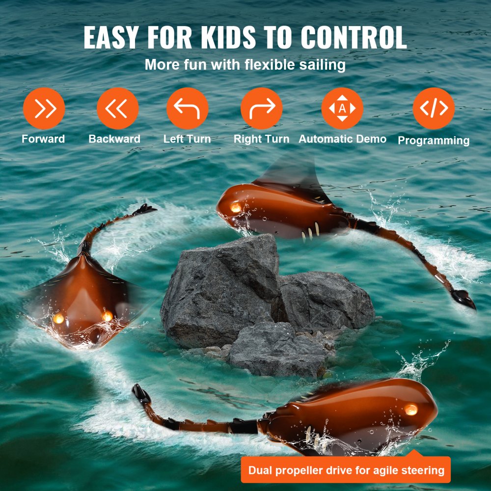 VEVOR Remote Control Manta Ray Toy, 2.4GHz High Simulation Robot Manta Ray with Light, 2 Rechargeable Batteries, for Pool, Bathtub or Lake, Swimming RC Boat Toy for 6+ Year Old Boys and Girls Gift