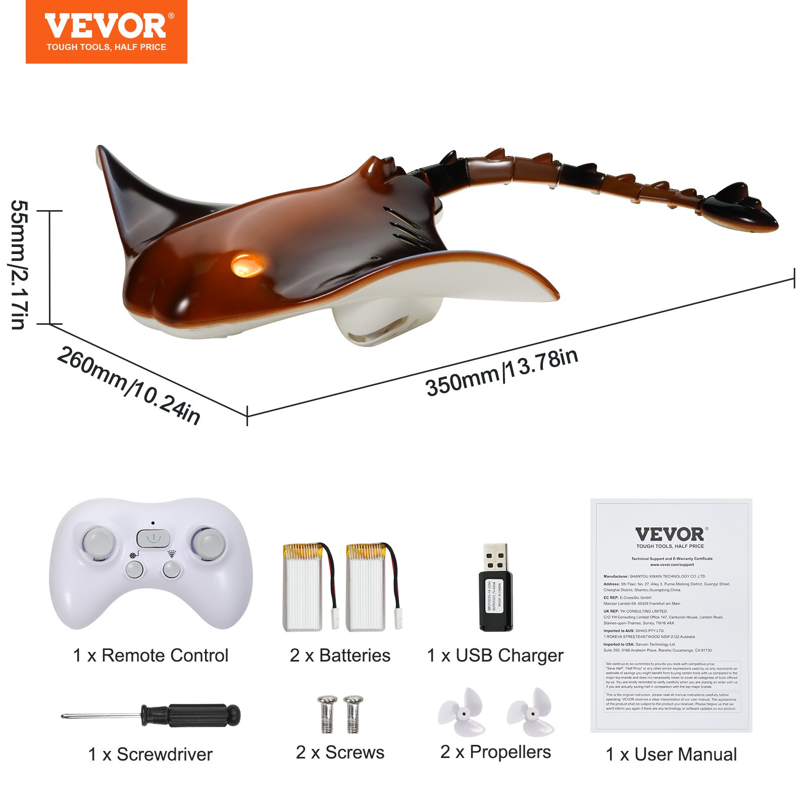 VEVOR Remote Control Manta Ray Toy, 2.4GHz High Simulation Robot Manta Ray with Light, 2 Rechargeable Batteries, for Pool, Bathtub or Lake, Swimming RC Boat Toy for 6+ Year Old Boys and Girls Gift