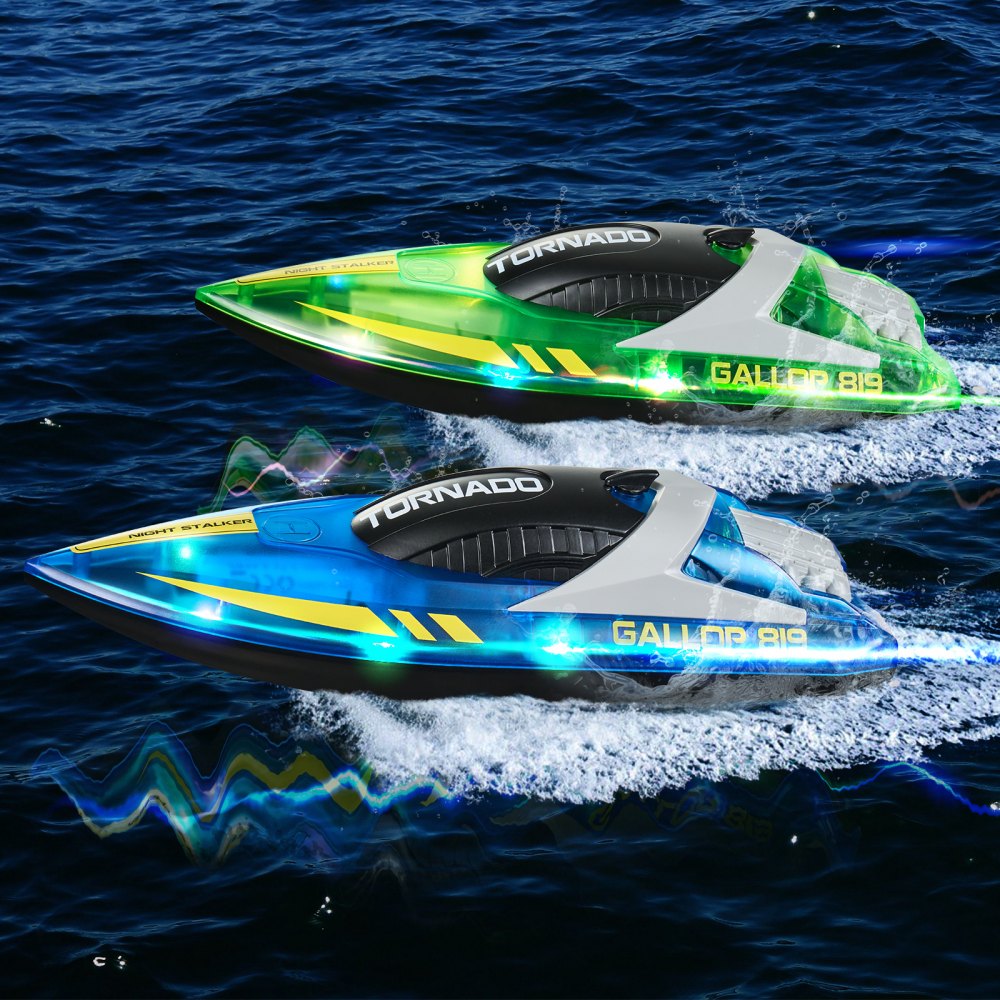 VEVOR RC Boat, 2 Pack 2.4GHz 12 km/h, Remote Control Boat for Pools & Lakes, Racing Boat with LED Light, 4 Rechargeable Batteries, Whole Body Waterproof, Gift for Adults Boys & Girls, Blue & Green