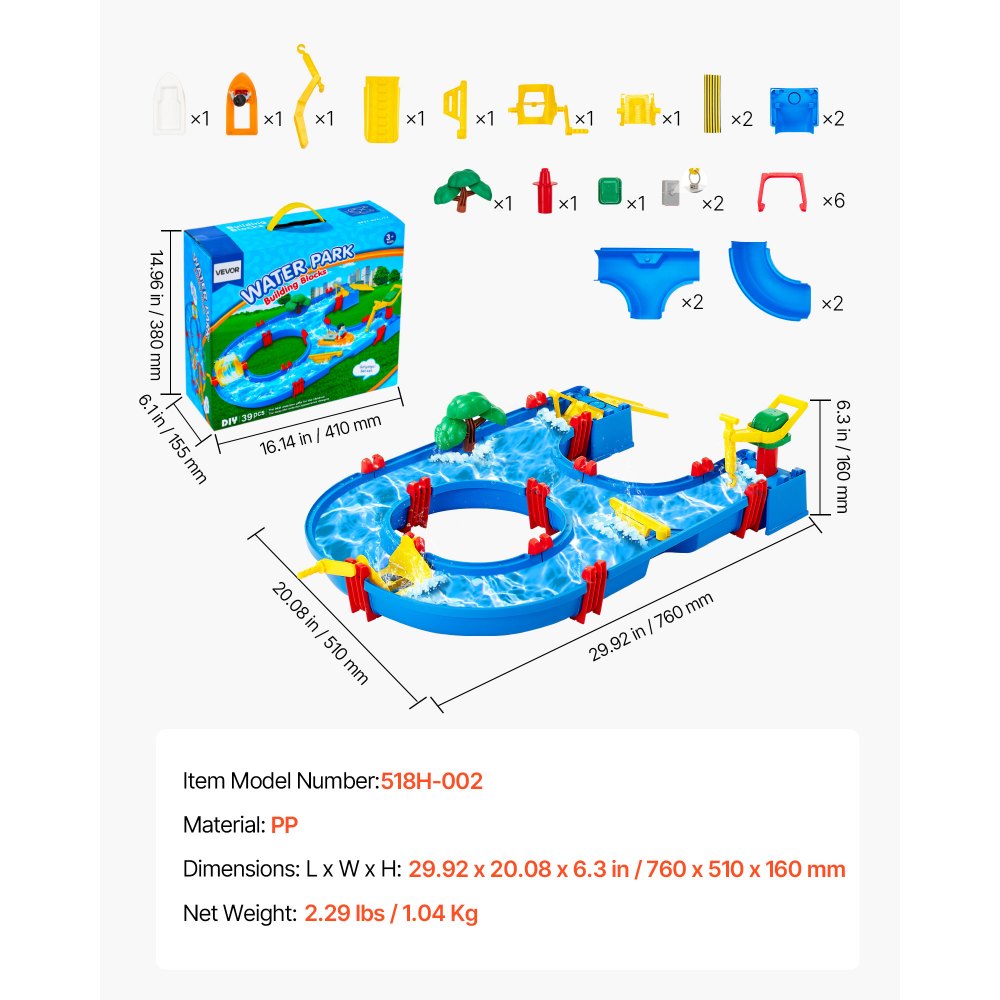 VEVOR Water Table for Toddlers, Kids Activity Play Waterway, Outdoor Summer Water Park Playset with 39PCS Accessories for Backyard Lawn Beach, Activity Sensory Play Table for 3+ Years Boys Girls