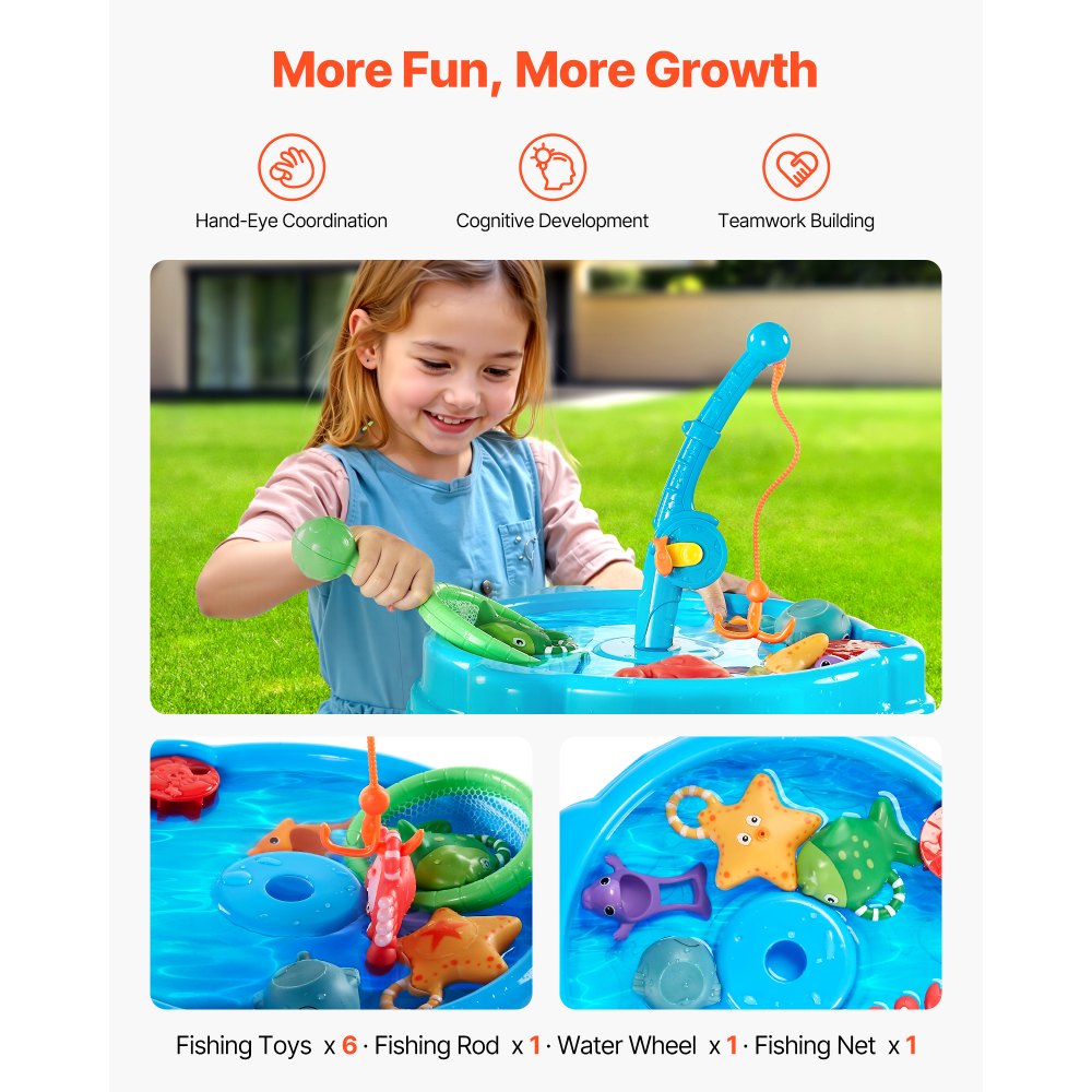 Mesa de agua VEVOR para niños pequeños, mesa sensorial de actividades para niños, juego de agua Fish 'n Splash con 9 accesorios de juguete, mesa de actividades acuáticas de verano con juego de pesca para niños y niñas de 3 años o más