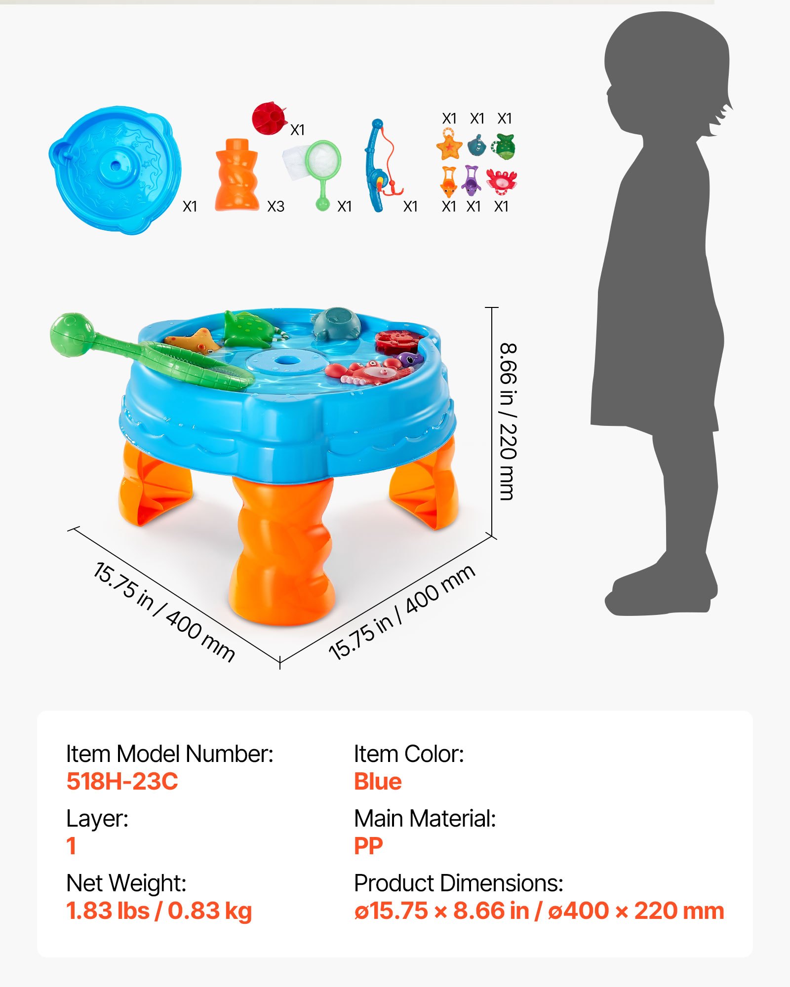 VEVOR Water Table for Toddlers, Kids Activity Sensory Table, Fish 'n Splash Water Playset with 9PCS Toy Accessories, Summer Water Activity Table with Fishing Game Set for 3+ Years Boys Girls