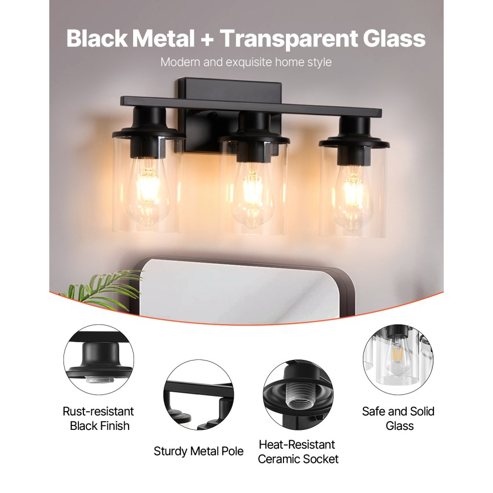 VEVOR 3-Light Bathroom Light Fixtures, Modern Vanity Light Fixture over Mirror, Bathroom Wall Sconce Lamp with Clear Glass Shade, E26 Ceramic Socket for Bedroom Living Room Hallway (Bulb Not Included)