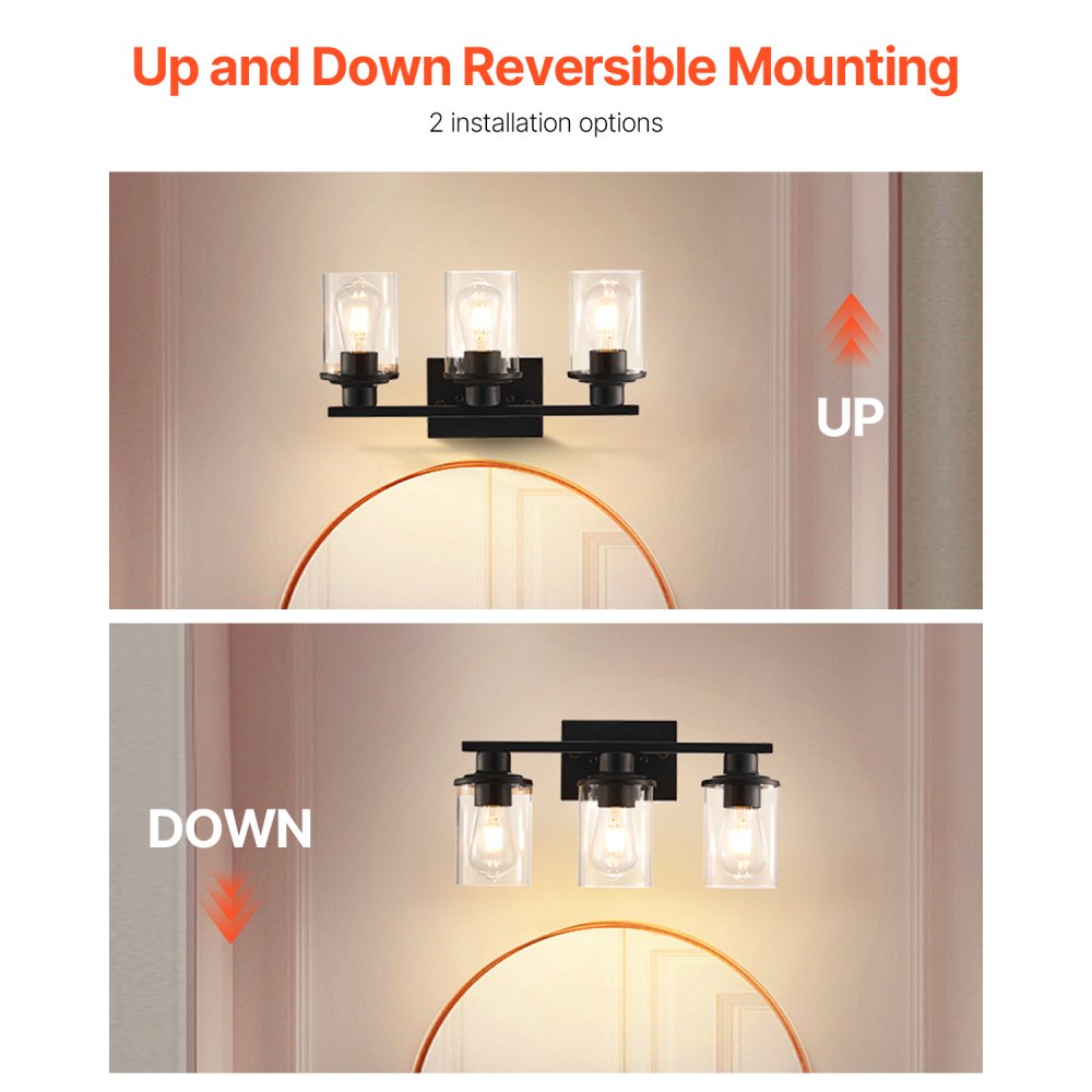 VEVOR 3-Light Bathroom Light Fixtures, Modern Vanity Light Fixture over Mirror, Bathroom Wall Sconce Lamp with Clear Glass Shade, E26 Ceramic Socket for Bedroom Living Room Hallway (Bulb Not Included)