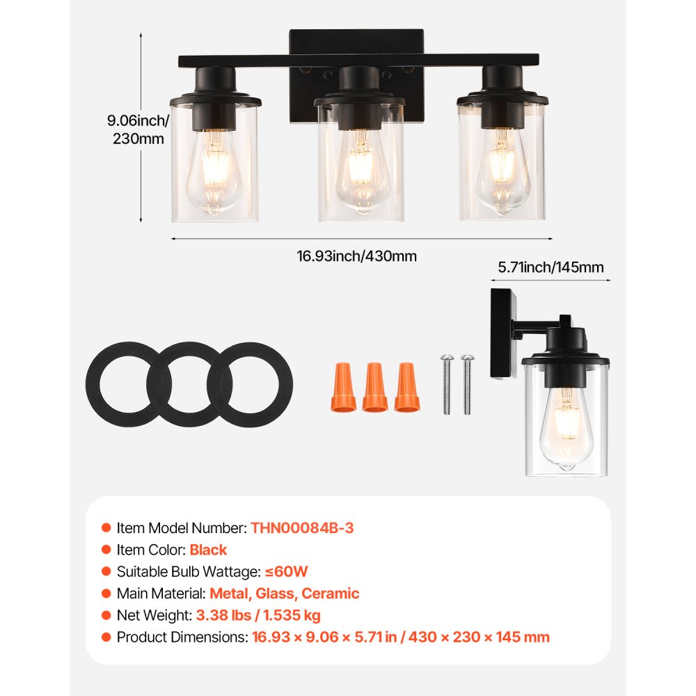 VEVOR 3-Light Bathroom Light Fixtures, Modern Vanity Light Fixture over Mirror, Bathroom Wall Sconce Lamp with Clear Glass Shade, E26 Ceramic Socket for Bedroom Living Room Hallway (Bulb Not Included)