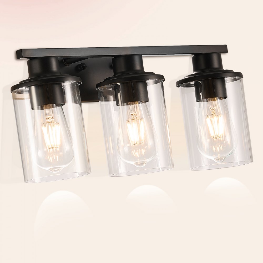 VEVOR 3-Light Bathroom Light Fixtures, Modern Vanity Light Fixture over Mirror, Bathroom Wall Sconce Lamp with Clear Glass Shade, E26 Ceramic Socket for Bedroom Living Room Hallway (Bulb Not Included)