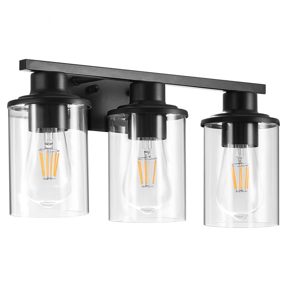 VEVOR 3-Light Bathroom Light Fixtures, Modern Vanity Light Fixture over Mirror, Bathroom Wall Sconce Lamp with Clear Glass Shade, E26 Ceramic Socket for Bedroom Living Room Hallway (Bulb Not Included)