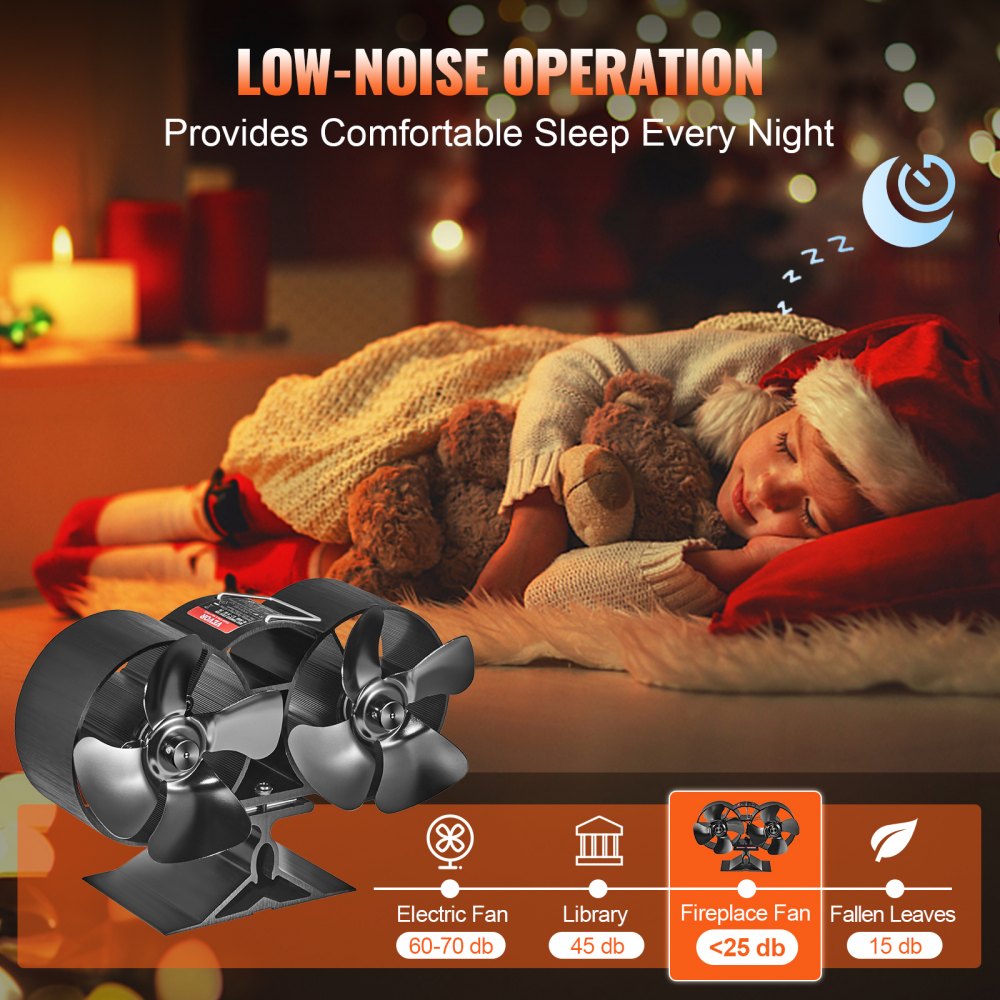 VEVOR Wood Stove Fan Heat Powered, 8 Blades Fireplace Fan Non-Electric, Quiet Thermoelectric Fan for Wood Burning Stove/Pellet/Log Burner, (with Accessories Magnetic Thermometer), Dual Motors